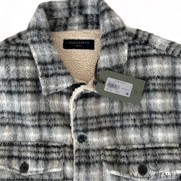 All Saints **NWT** Anvik Sherpa-Lined Wool Blend Check Plaid Jacket Light Grey - Picture 14 of 14